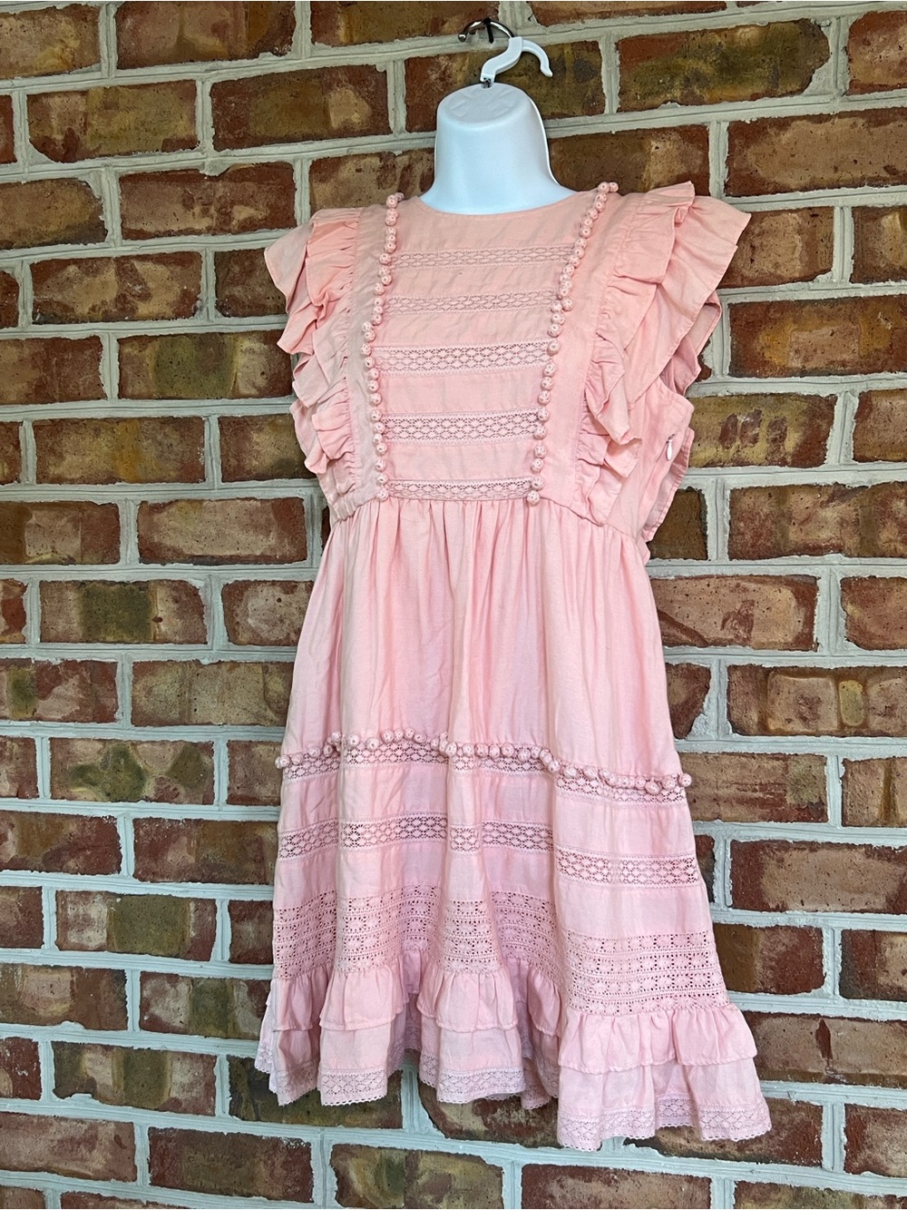 Abigail Zwaans Soft Pink Ruffle-Trim Midi Dress with Lace Paneling. Side zip. 4